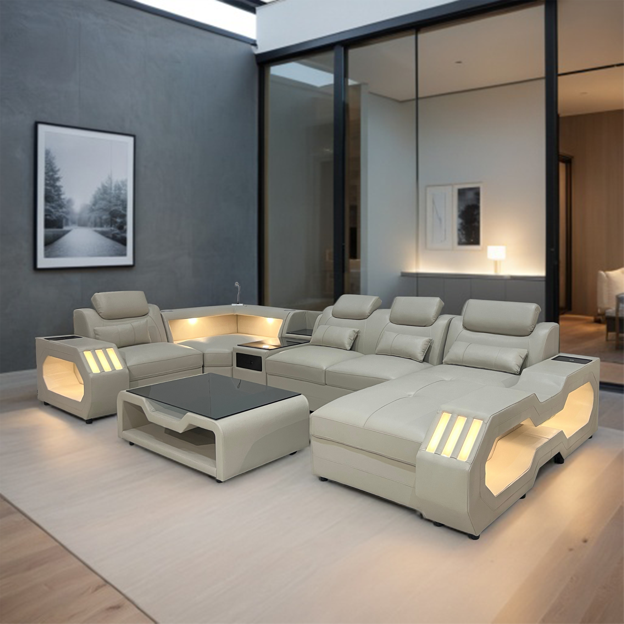 Casco Corner Leather Uppers Lounge Suite With LED light, Wireless Charge and Bluetooth Speaker