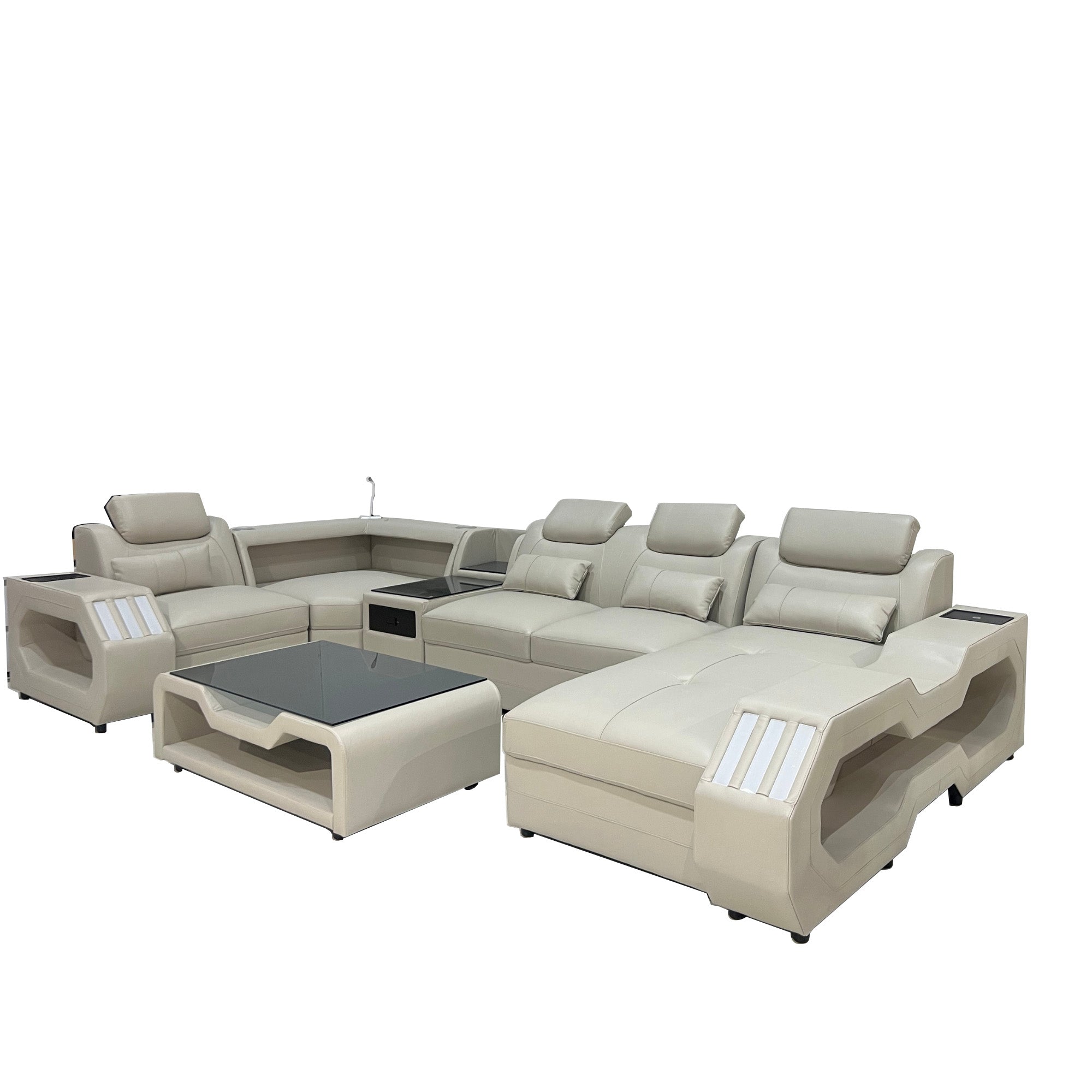 Casco Corner Leather Uppers Lounge Suite With LED light, Wireless Charge and Bluetooth Speaker