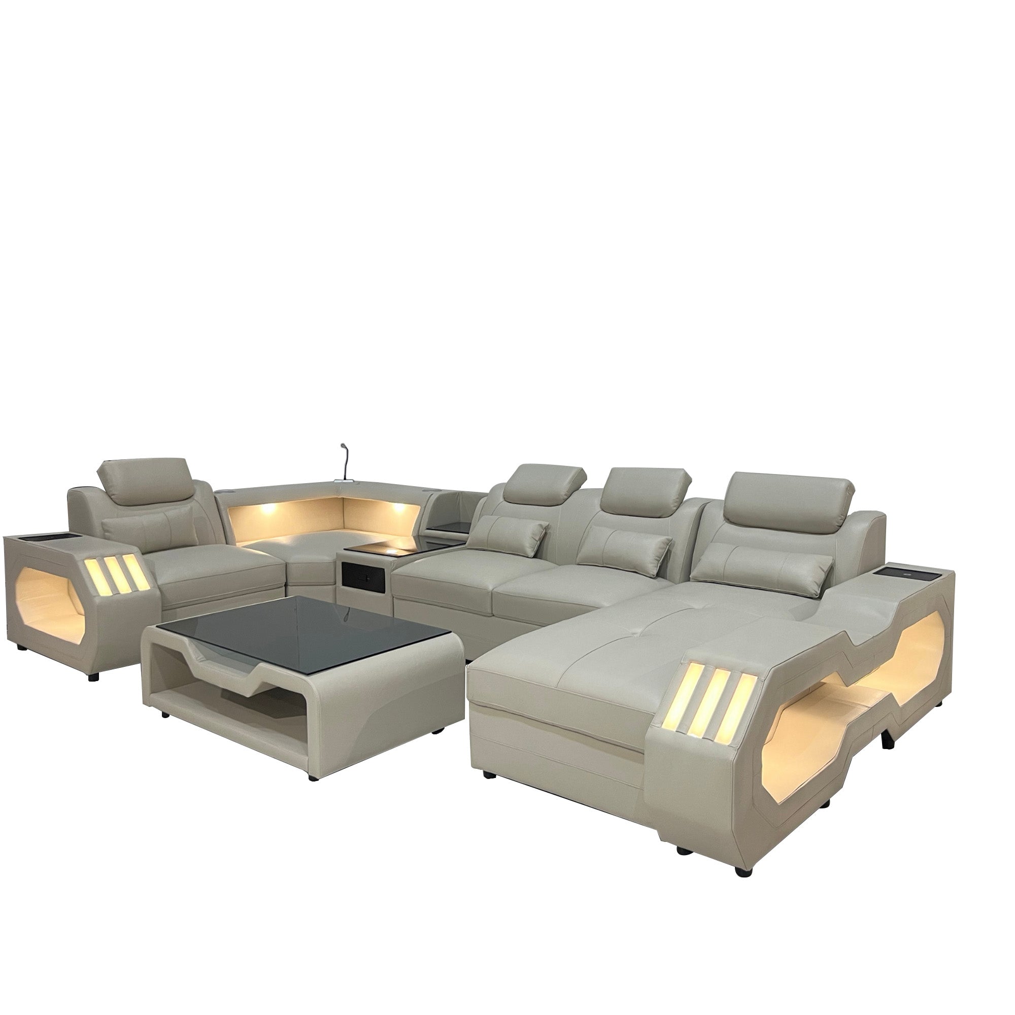 Casco Corner Leather Uppers Lounge Suite With LED light, Wireless Charge and Bluetooth Speaker