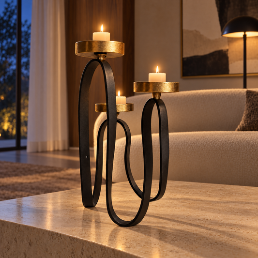 3 Pillar Candle Holder Sm Blk/Gld Al-23537