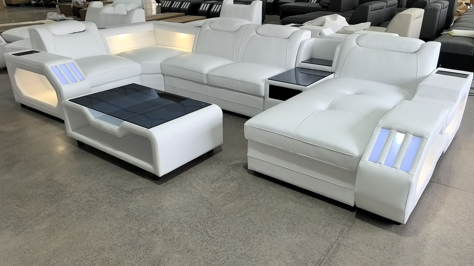 Casco Corner Leather Uppers Lounge Suite With LED light, Wireless Charge and Bluetooth Speaker